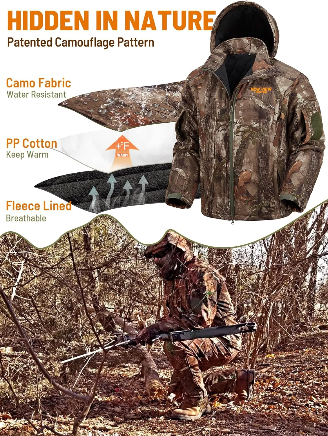 NEW VIEW Insulated Hunting Jacket for Men Cold Weather, Warm Camo Hunting Jackets with Hood, Water Resistant Hunting Clothes