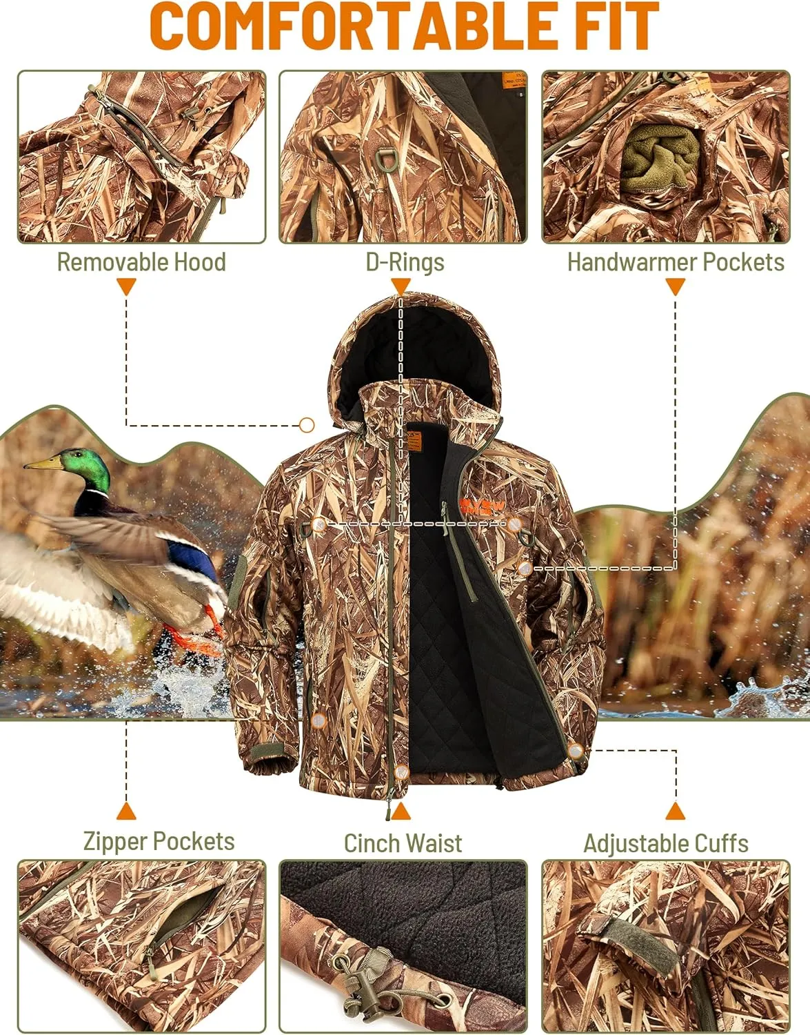 NEW VIEW Insulated Hunting Jacket for Men Cold Weather, Warm Camo Hunting Jackets with Hood, Water Resistant Hunting Clothes