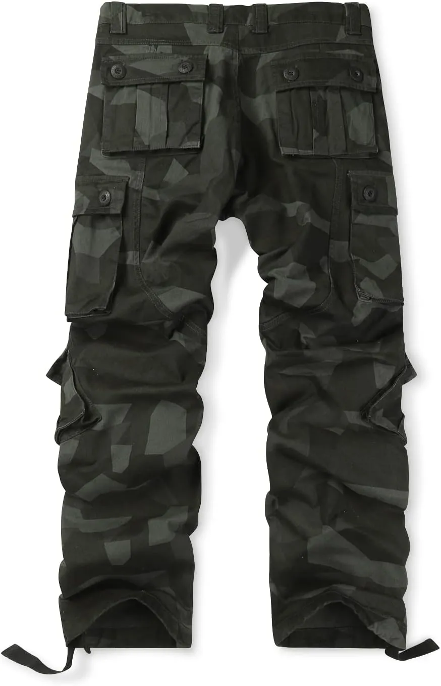 OCHENTA Men's Cotton Casual Cargo Work Pants Baggy Camo Tactical Combat Trousers with 8 Pockets (No Belt)