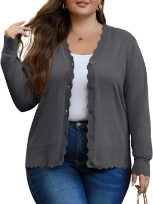 OLRIK Plus Size Cardigan for Women Cropped Long Sleeve V-Neck Buttons Down Ribbed Wave Edges Casual Knit Shrugs