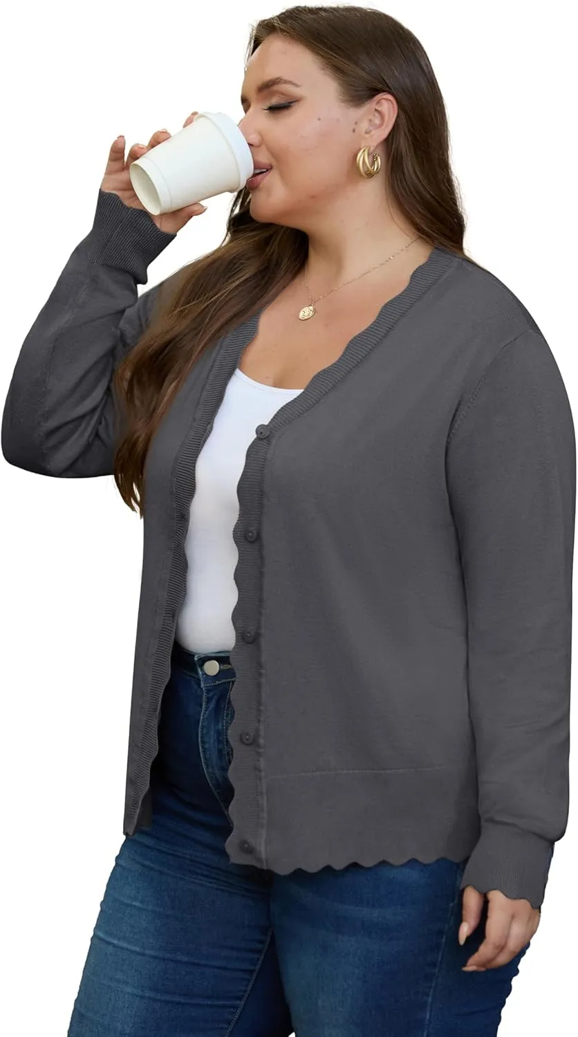 OLRIK Plus Size Cardigan for Women Cropped Long Sleeve V-Neck Buttons Down Ribbed Wave Edges Casual Knit Shrugs