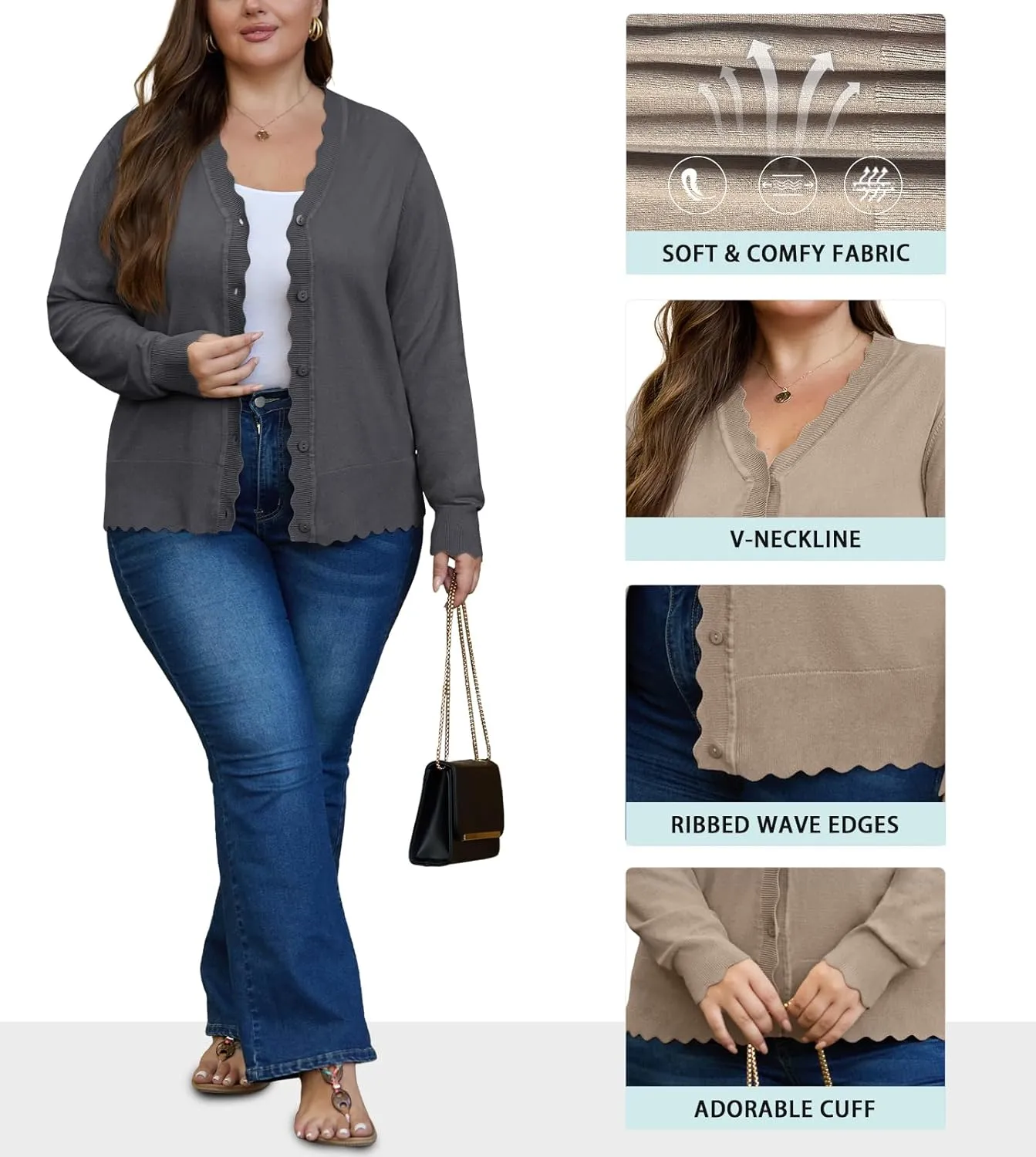 OLRIK Plus Size Cardigan for Women Cropped Long Sleeve V-Neck Buttons Down Ribbed Wave Edges Casual Knit Shrugs