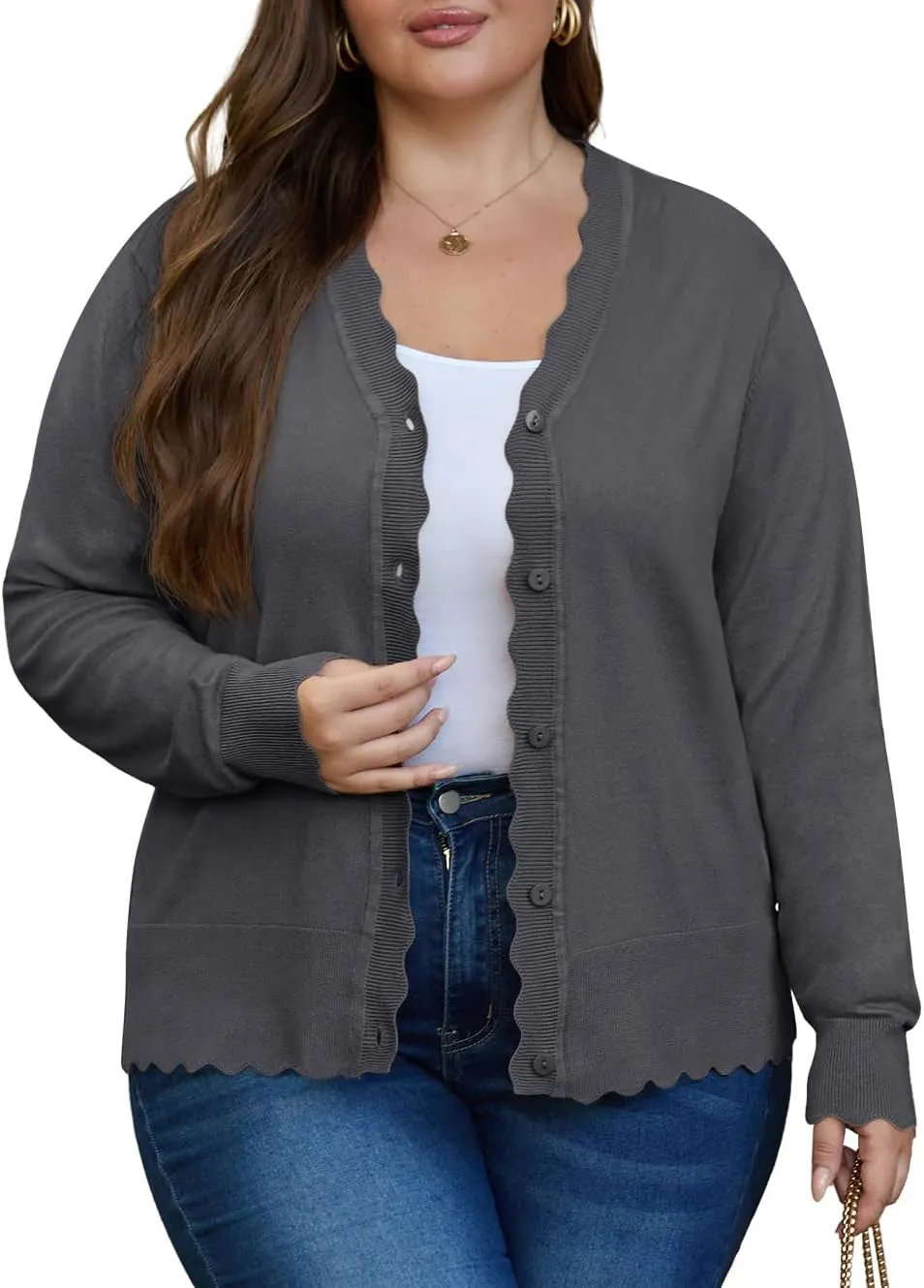 OLRIK Plus Size Cardigan for Women Cropped Long Sleeve V-Neck Buttons Down Ribbed Wave Edges Casual Knit Shrugs
