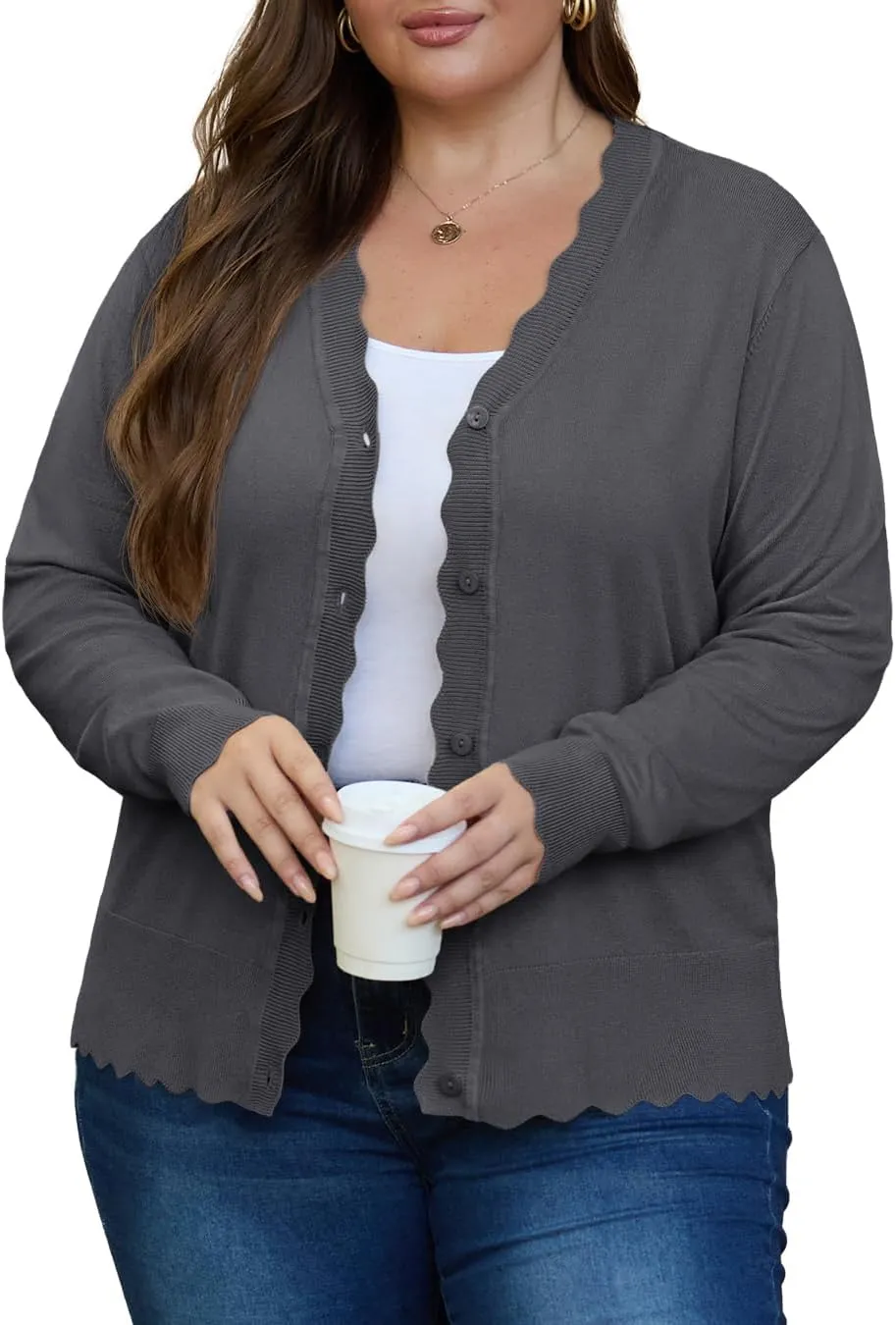 OLRIK Plus Size Cardigan for Women Cropped Long Sleeve V-Neck Buttons Down Ribbed Wave Edges Casual Knit Shrugs
