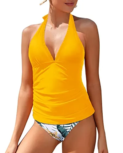 Open Backs Tummy Control Halter Tankini Swimsuits With Ruffle V Neck-Yellow Flowers