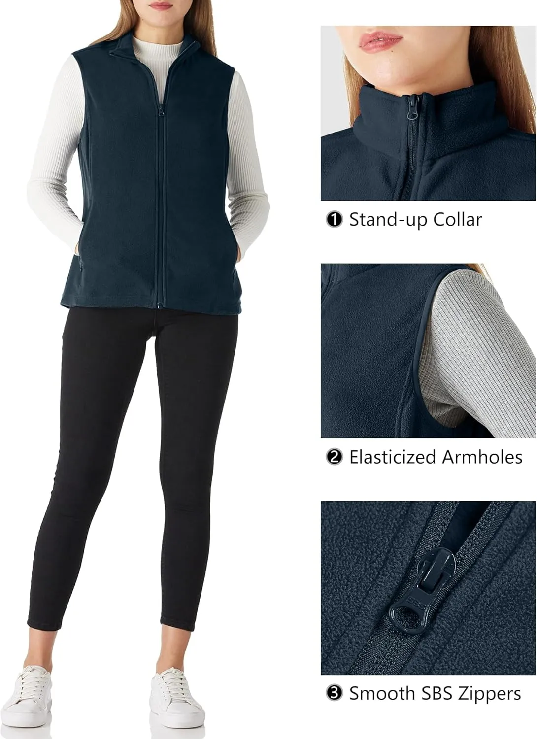 Outdoor Ventures Women's Fleece Vest, Zip Up Lightweight Soft Running Vest Outerwear Sleeveless with Pockets
