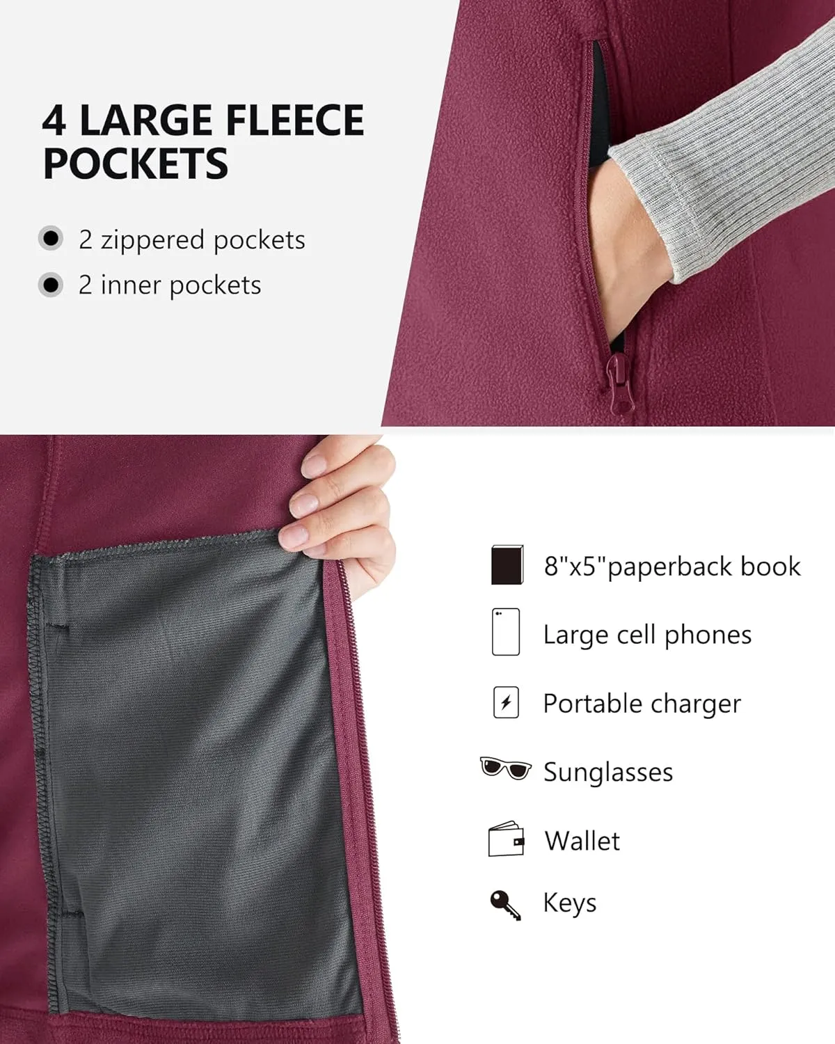 Outdoor Ventures Women's Fleece Vest, Zip Up Lightweight Soft Running Vest Outerwear Sleeveless with Pockets