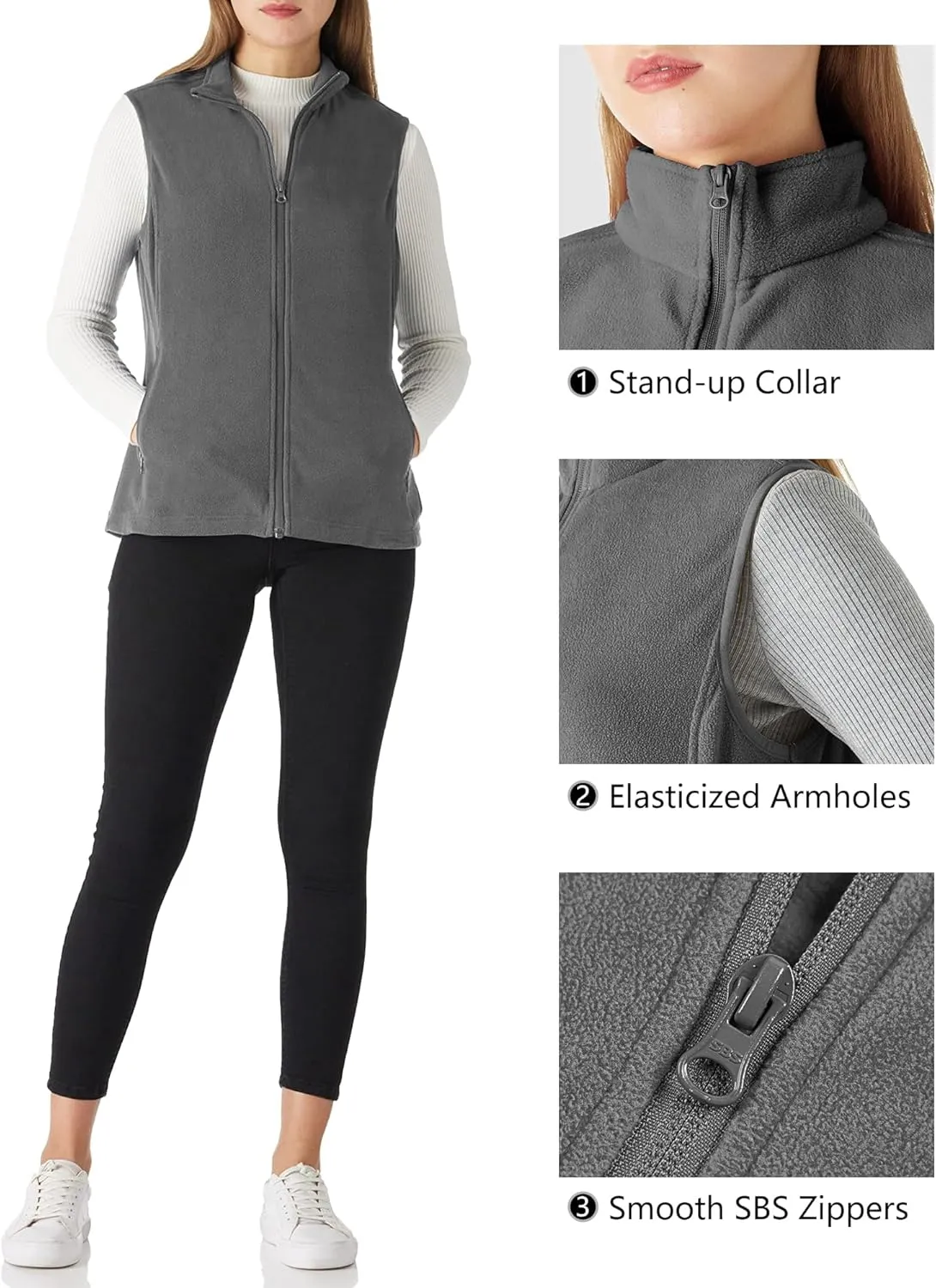 Outdoor Ventures Women's Fleece Vest, Zip Up Lightweight Soft Running Vest Outerwear Sleeveless with Pockets