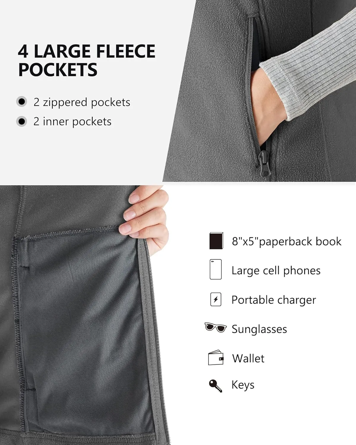 Outdoor Ventures Women's Fleece Vest, Zip Up Lightweight Soft Running Vest Outerwear Sleeveless with Pockets