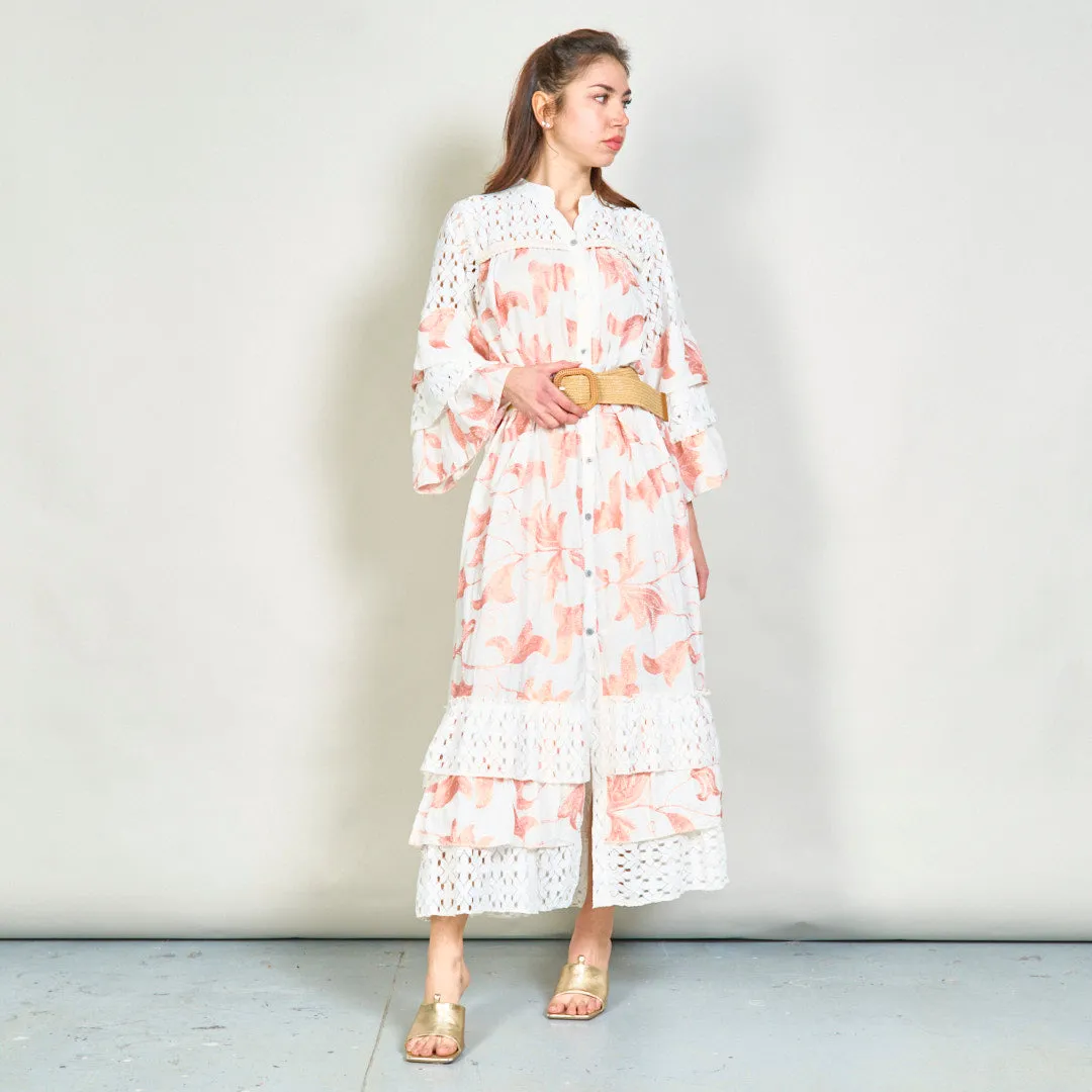 Oversize floral embroidered lace midi dress with belt wholesale