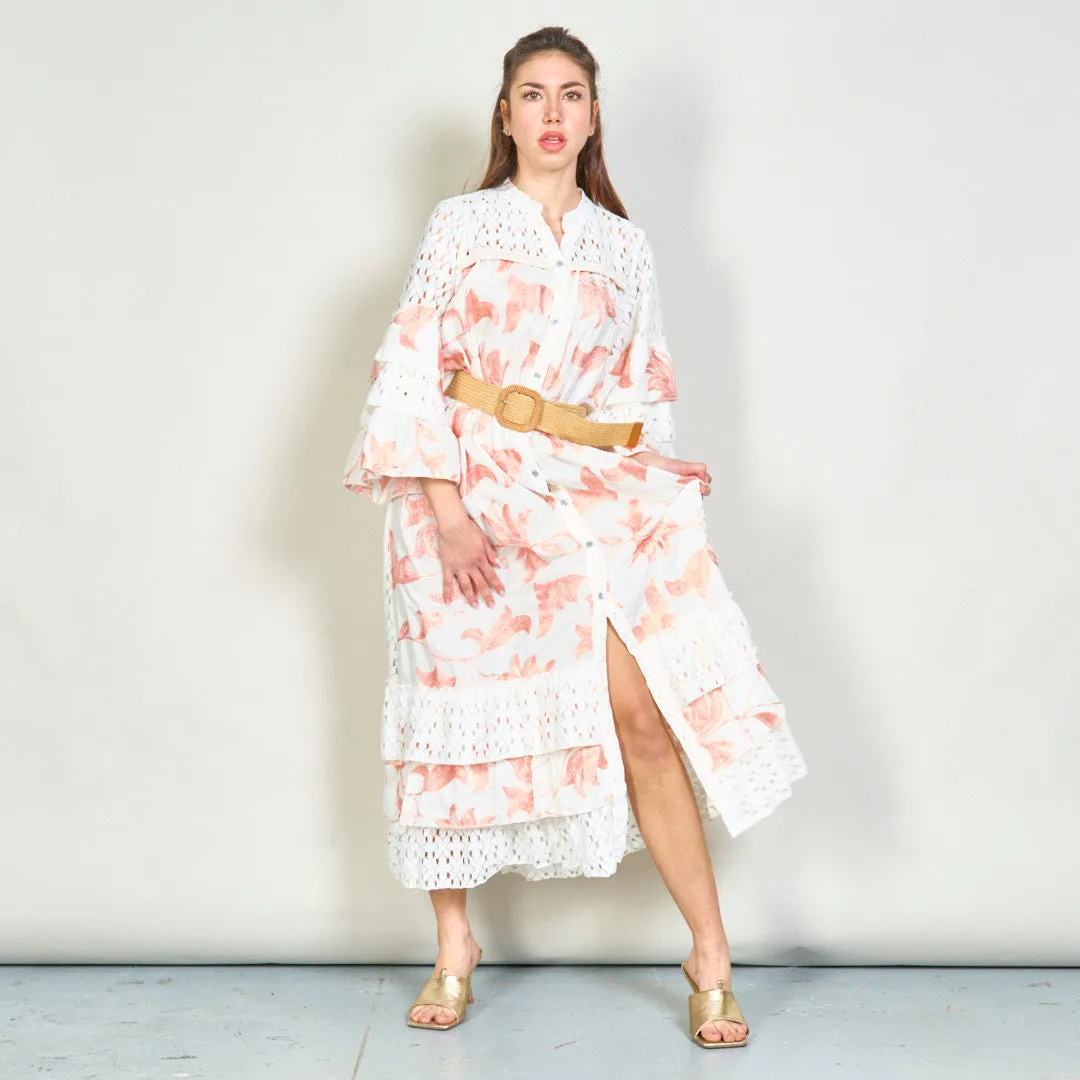 Oversize floral embroidered lace midi dress with belt wholesale