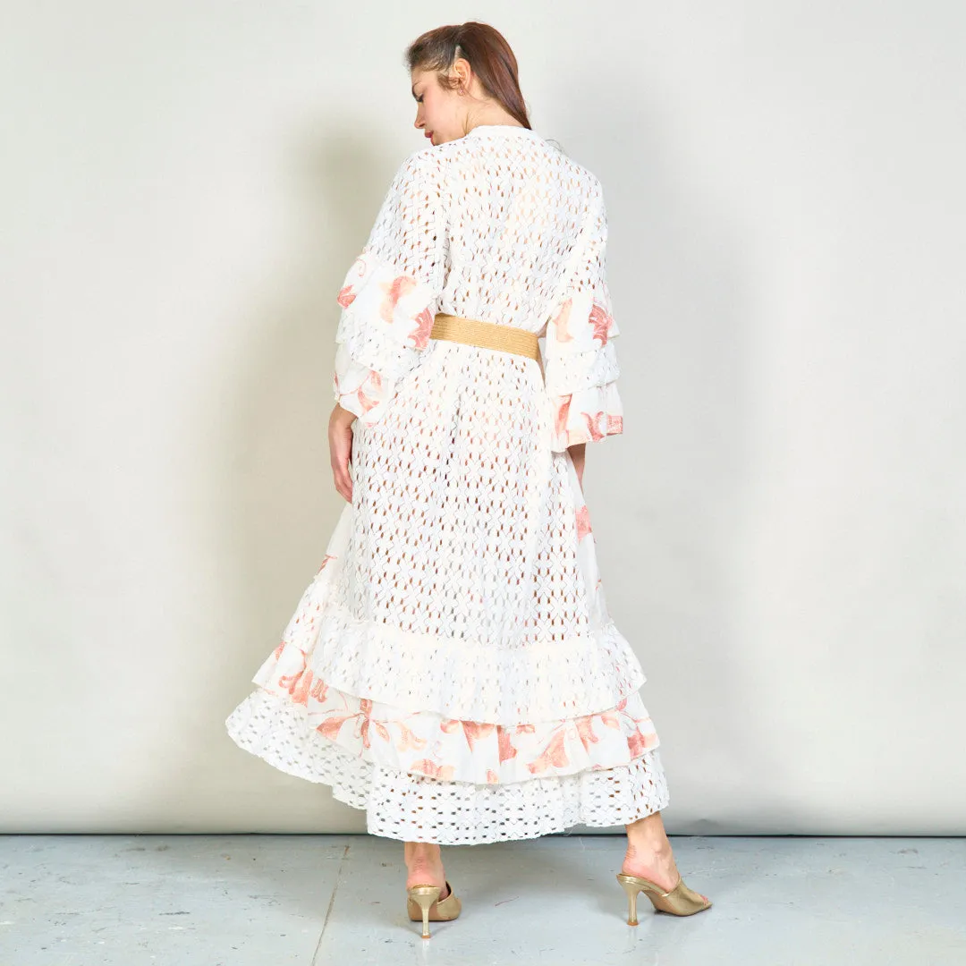 Oversize floral embroidered lace midi dress with belt wholesale