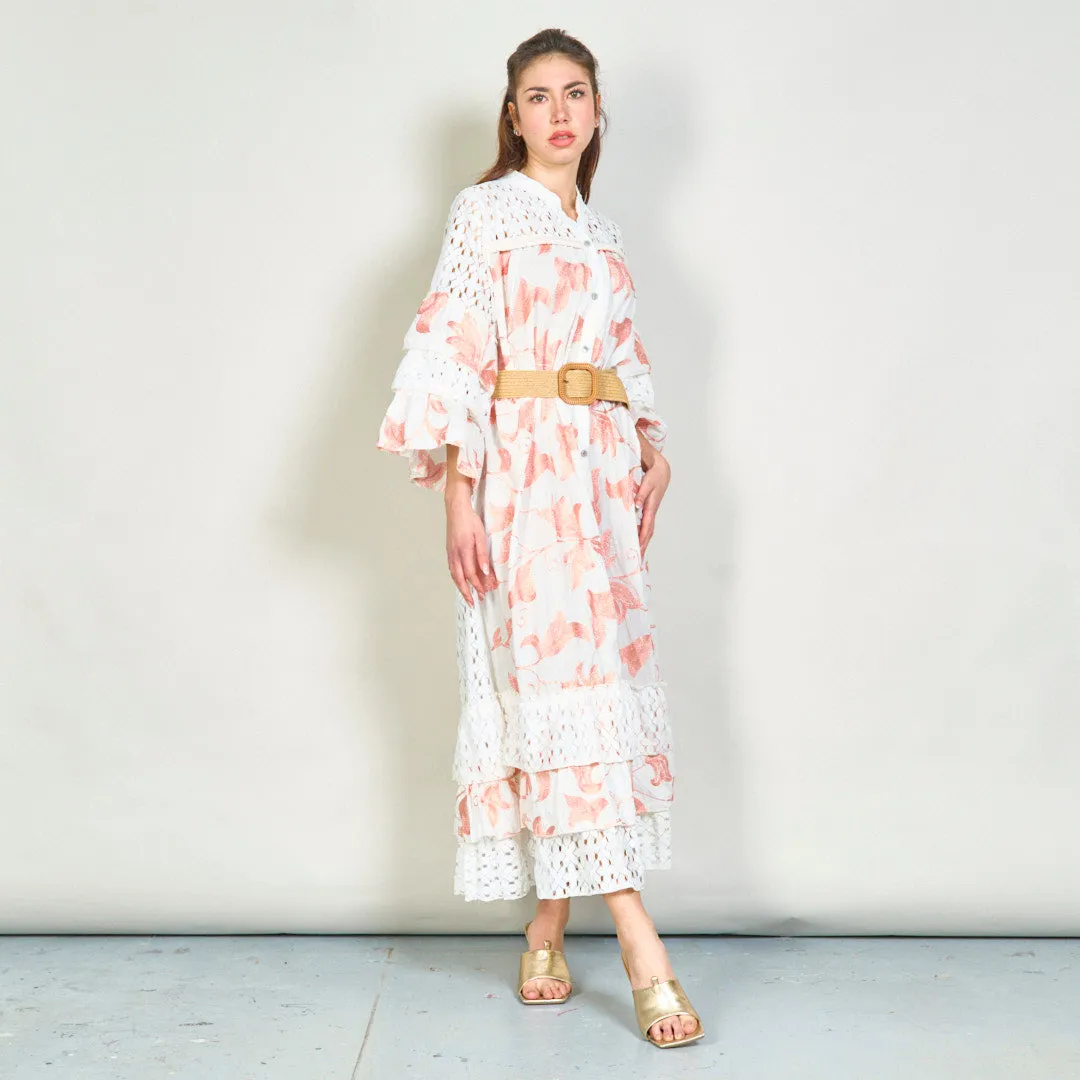 Oversize floral embroidered lace midi dress with belt wholesale