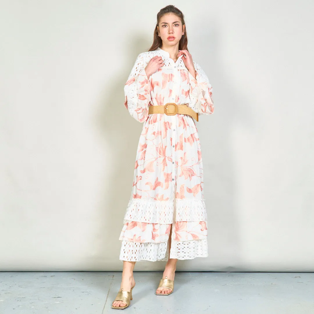 Oversize floral embroidered lace midi dress with belt wholesale