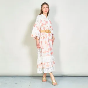 Oversize floral embroidered lace midi dress with belt wholesale
