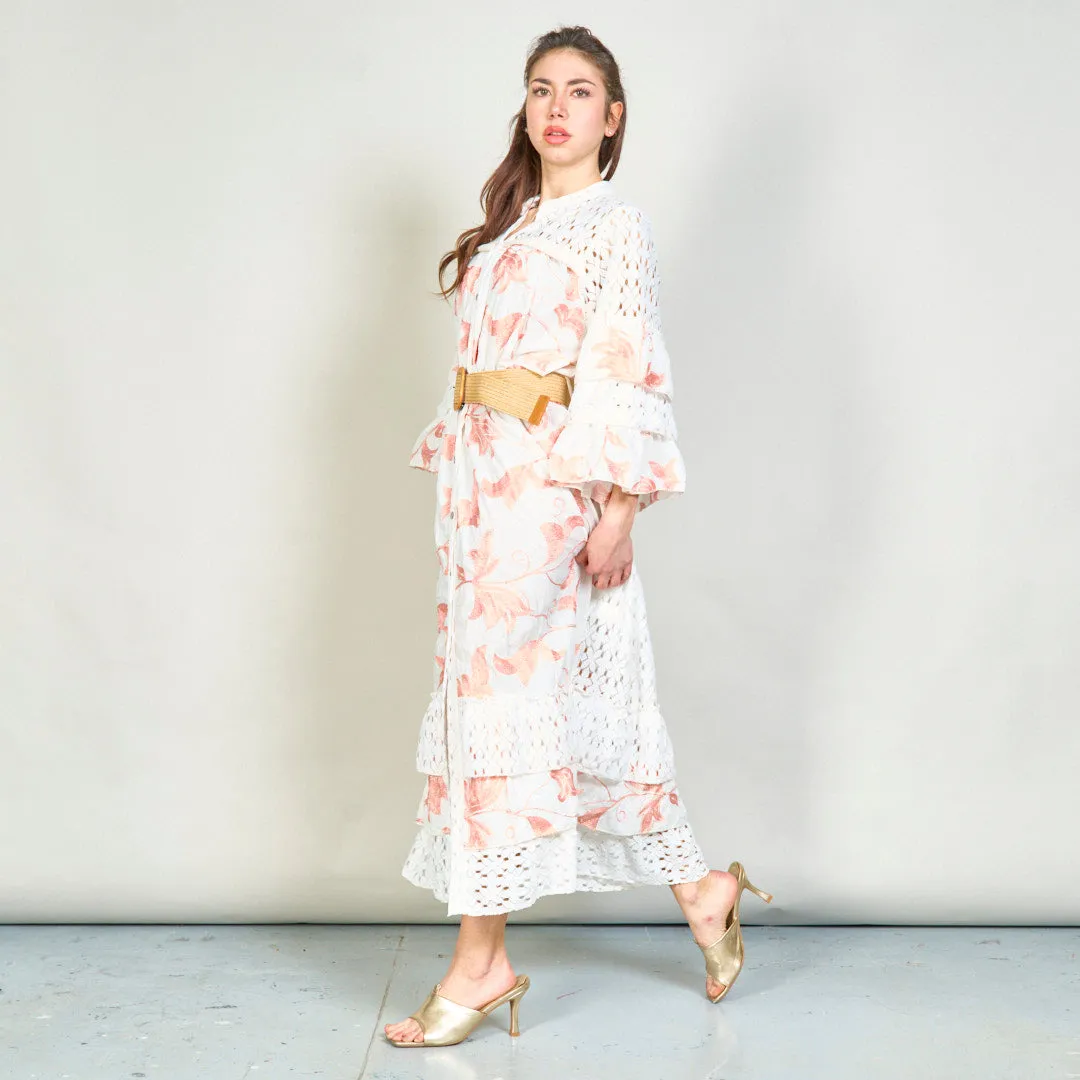 Oversize floral embroidered lace midi dress with belt wholesale
