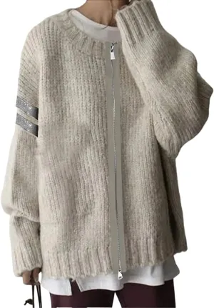 Oversized Plain Crewneck Zippered Cardigan Sweaters for Women 2024 Winter Fashion Long Sleeve Casual Knitted Tops