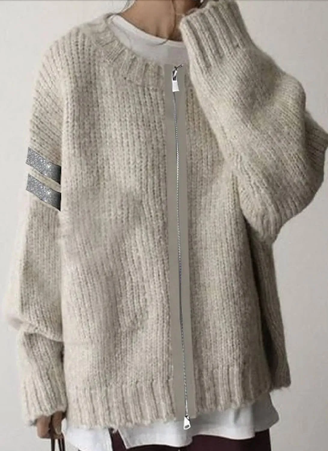 Oversized Plain Crewneck Zippered Cardigan Sweaters for Women 2024 Winter Fashion Long Sleeve Casual Knitted Tops