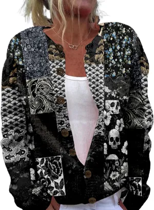 Patchwork Fashion Sweaters for Women Fall Warm Button Sweaters Classic Casual Work Holiday Knit Sweater Jackets