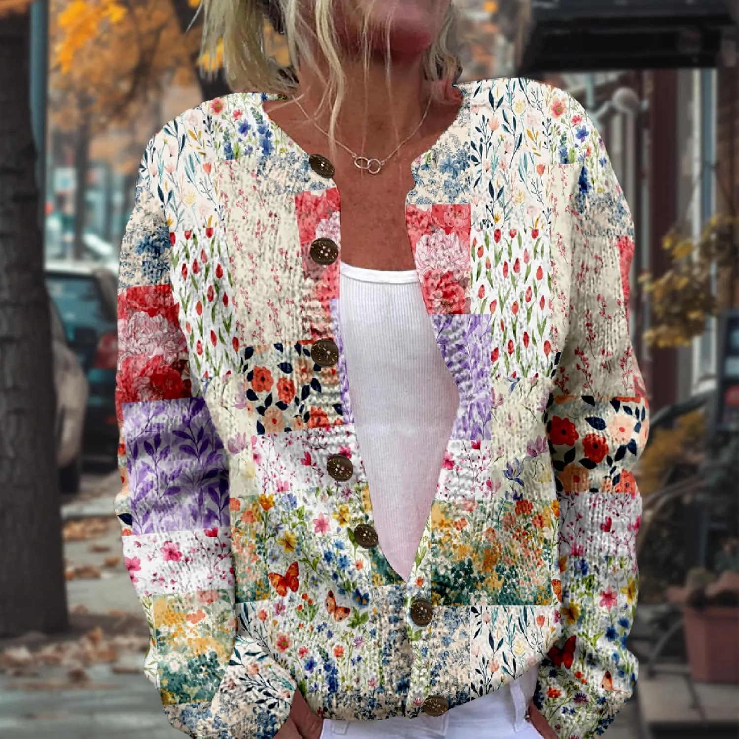 Patchwork Fashion Sweaters for Women Fall Warm Button Sweaters Classic Casual Work Holiday Knit Sweater Jackets