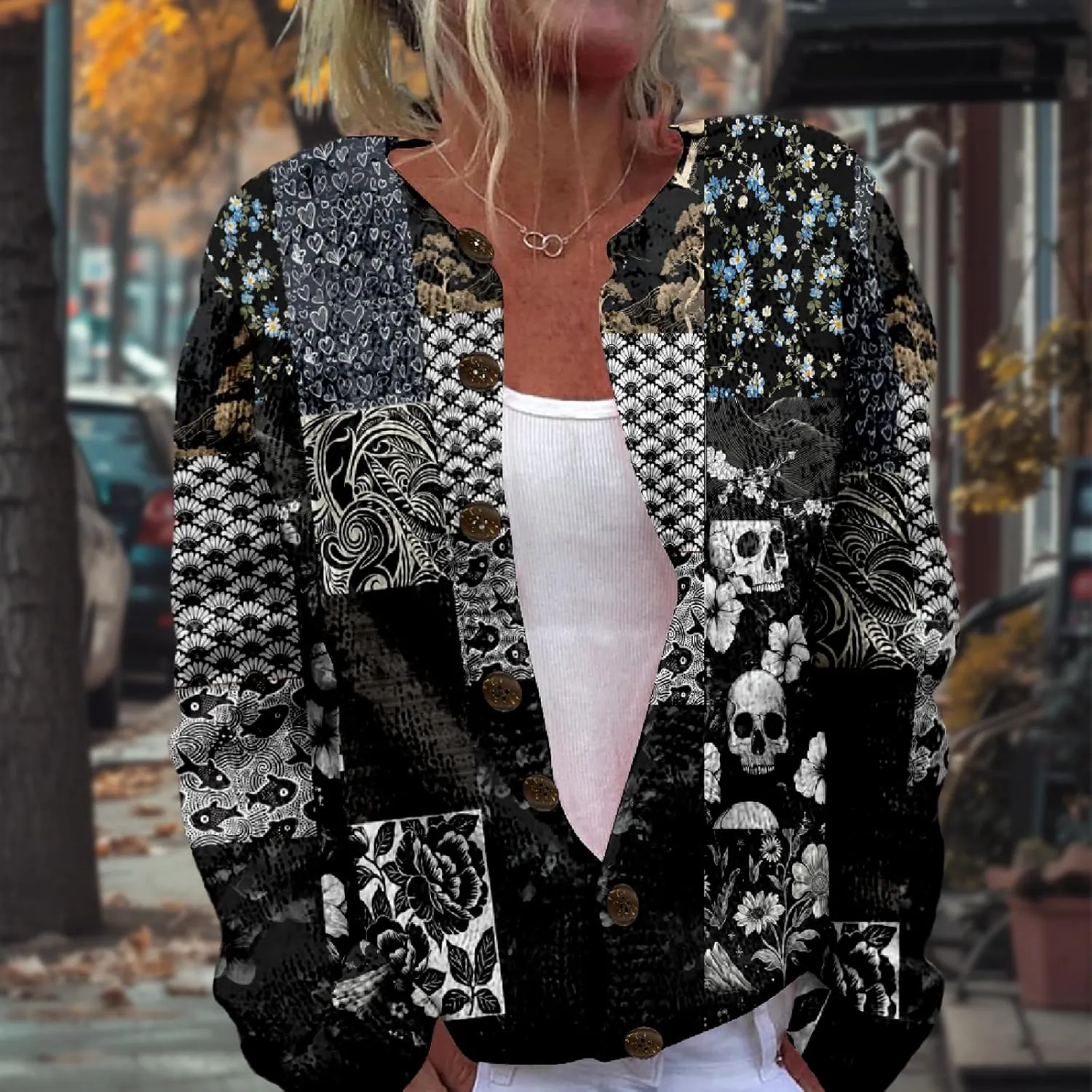 Patchwork Fashion Sweaters for Women Fall Warm Button Sweaters Classic Casual Work Holiday Knit Sweater Jackets