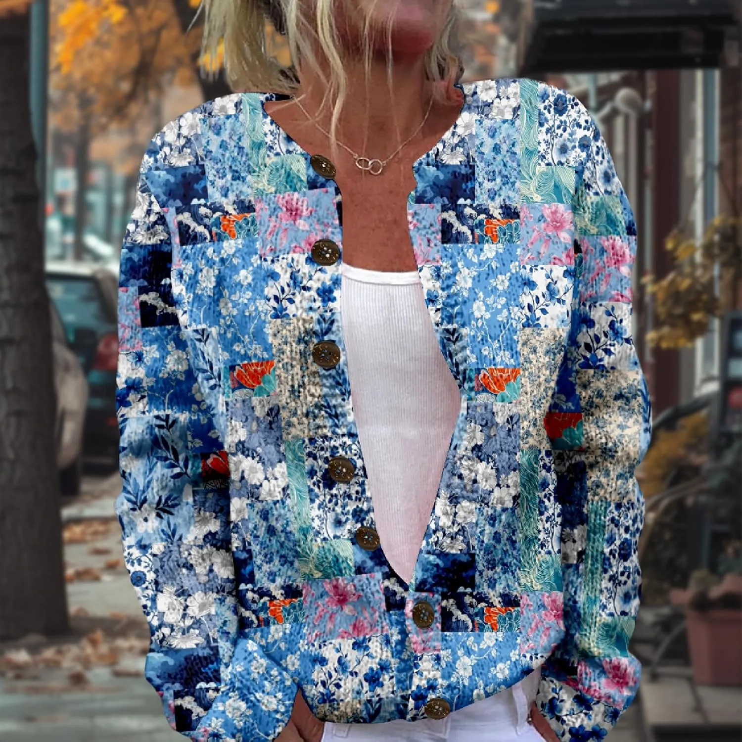 Patchwork Fashion Sweaters for Women Fall Warm Button Sweaters Classic Casual Work Holiday Knit Sweater Jackets