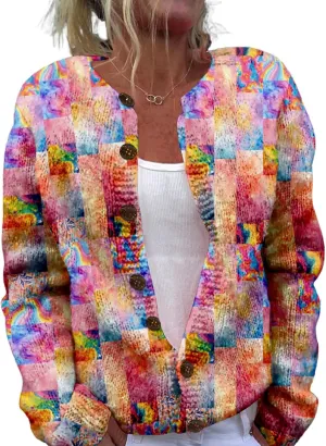 Patchwork Fashion Sweaters for Women Fall Warm Button Sweaters Classic Casual Work Holiday Knit Sweater Jackets