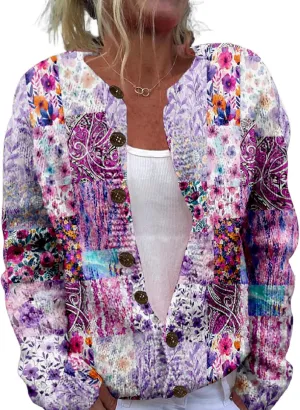 Patchwork Fashion Sweaters for Women Fall Warm Button Sweaters Classic Casual Work Holiday Knit Sweater Jackets