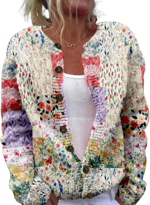 Patchwork Fashion Sweaters for Women Fall Warm Button Sweaters Classic Casual Work Holiday Knit Sweater Jackets
