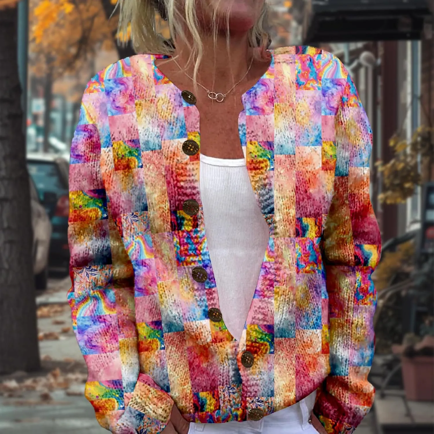Patchwork Fashion Sweaters for Women Fall Warm Button Sweaters Classic Casual Work Holiday Knit Sweater Jackets