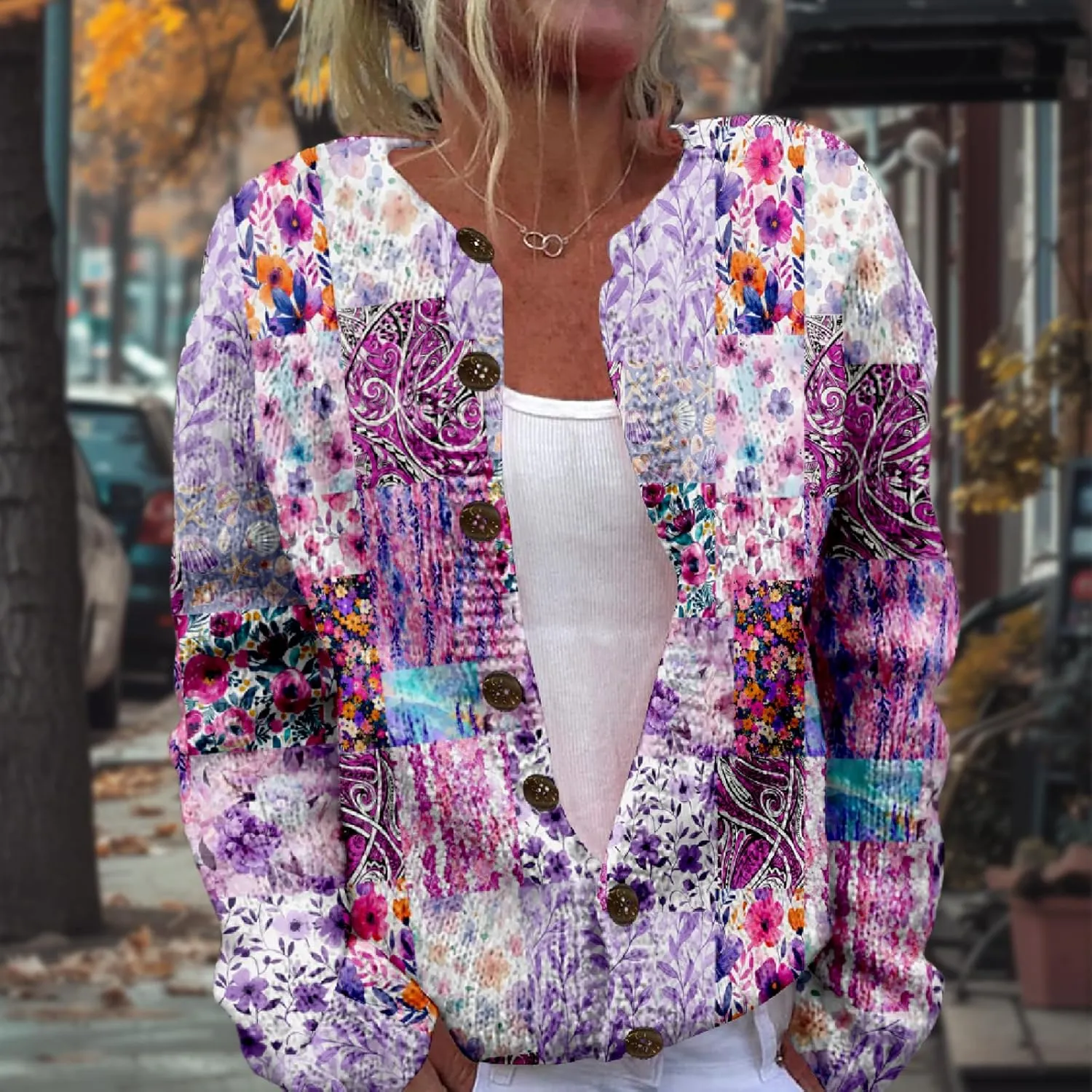 Patchwork Fashion Sweaters for Women Fall Warm Button Sweaters Classic Casual Work Holiday Knit Sweater Jackets