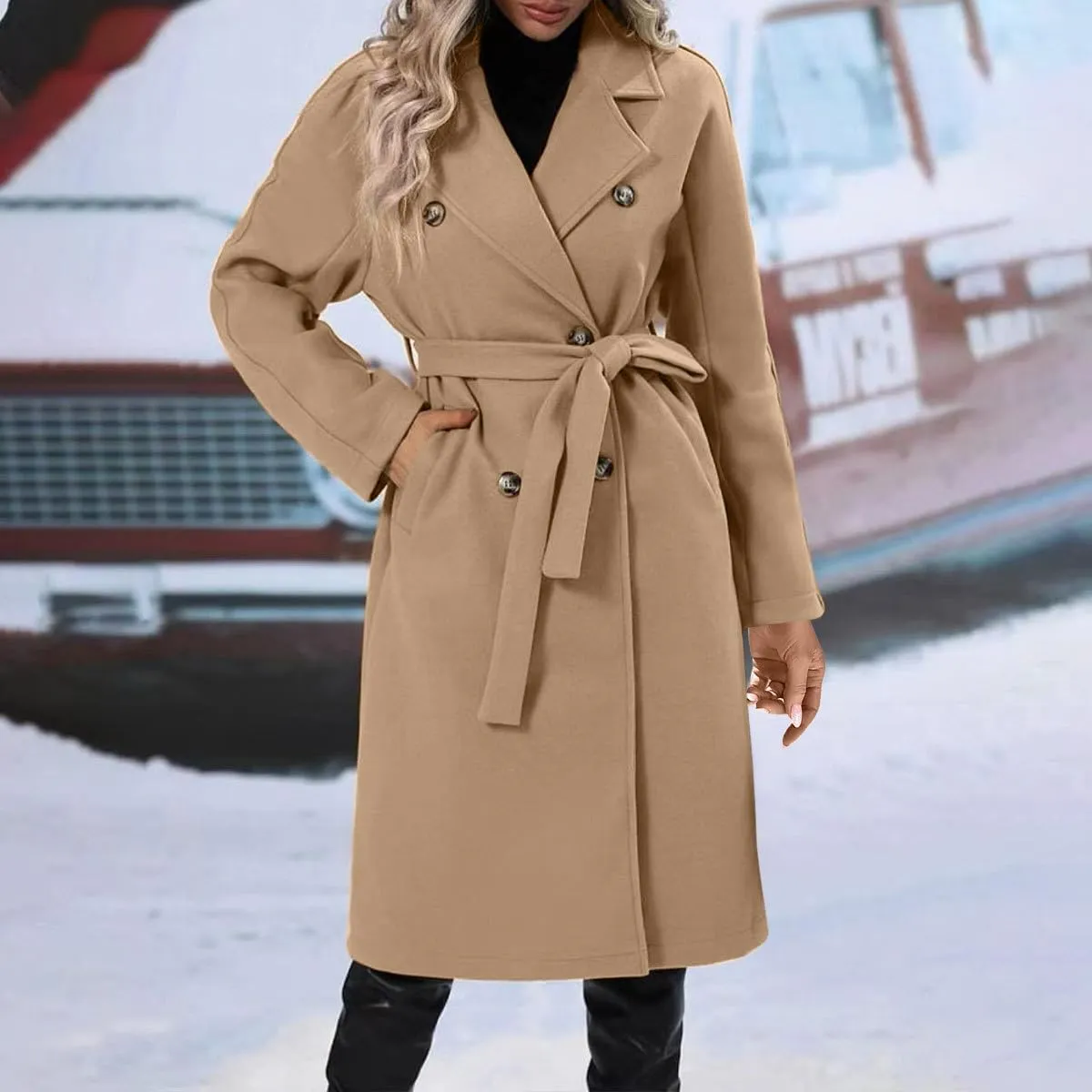 Pea Coats for Women Double Breasted Winter Long Trench Coat Classic Notch Lapel Collared Wotk Office Overcoats
