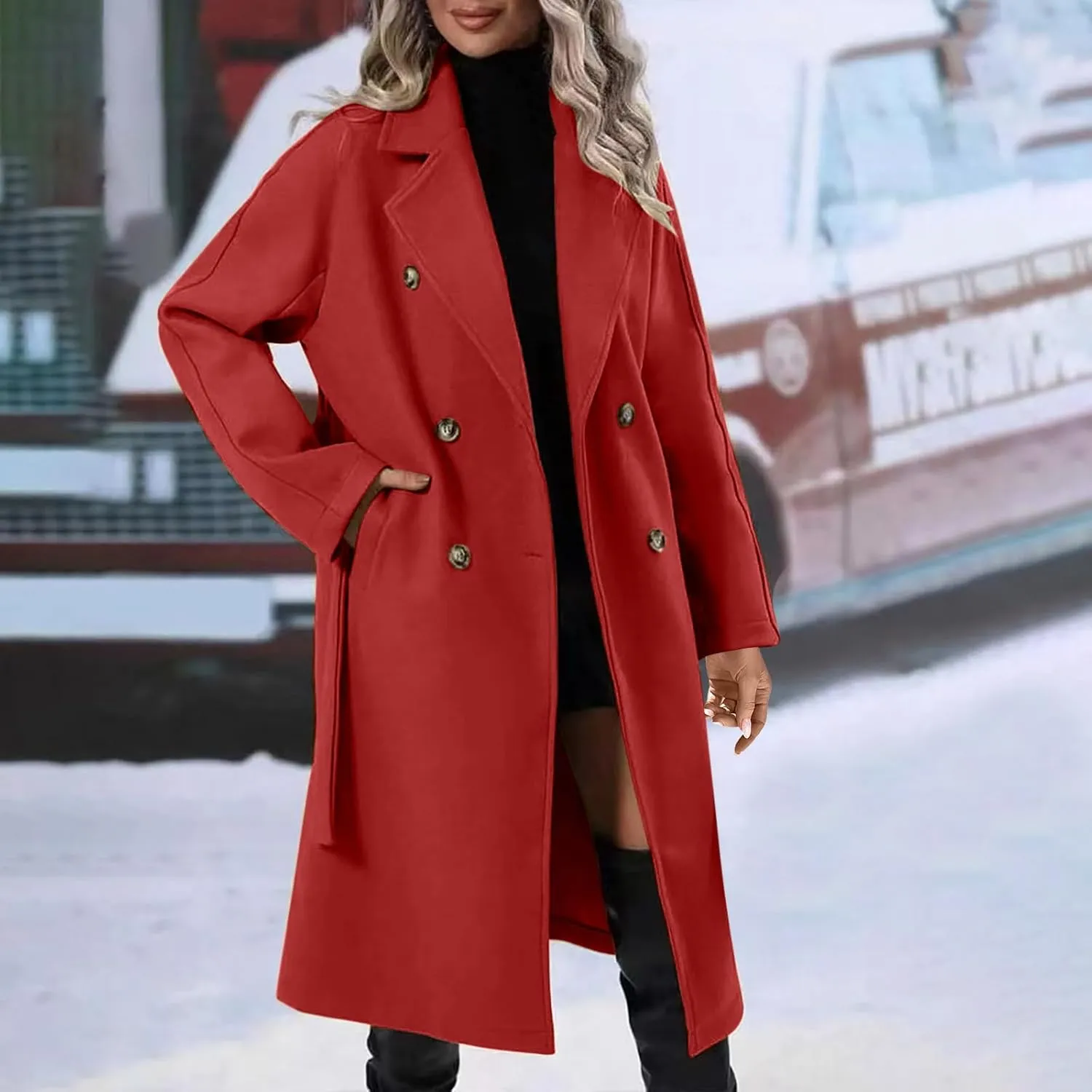 Pea Coats for Women Double Breasted Winter Long Trench Coat Classic Notch Lapel Collared Wotk Office Overcoats