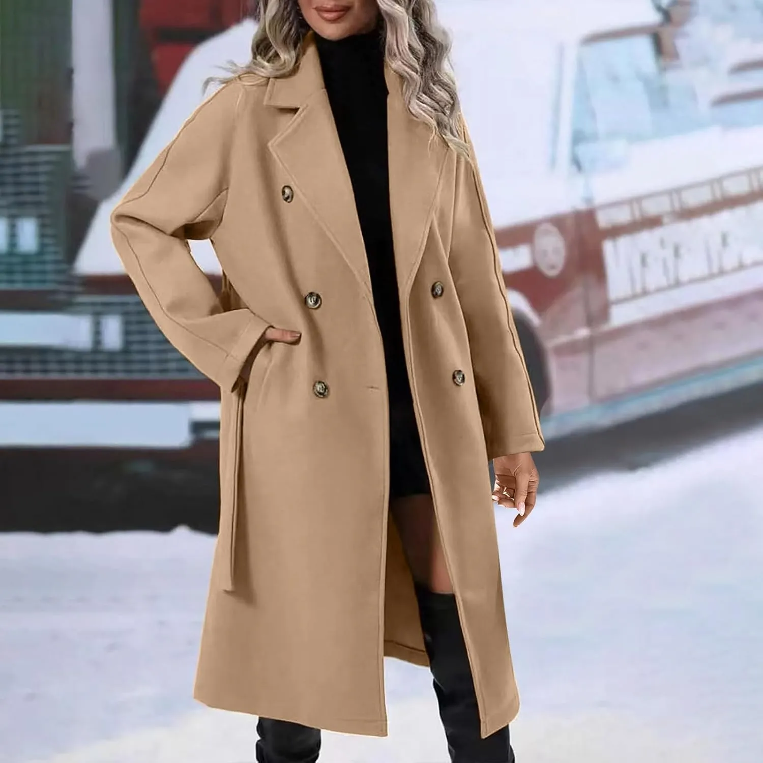 Pea Coats for Women Double Breasted Winter Long Trench Coat Classic Notch Lapel Collared Wotk Office Overcoats