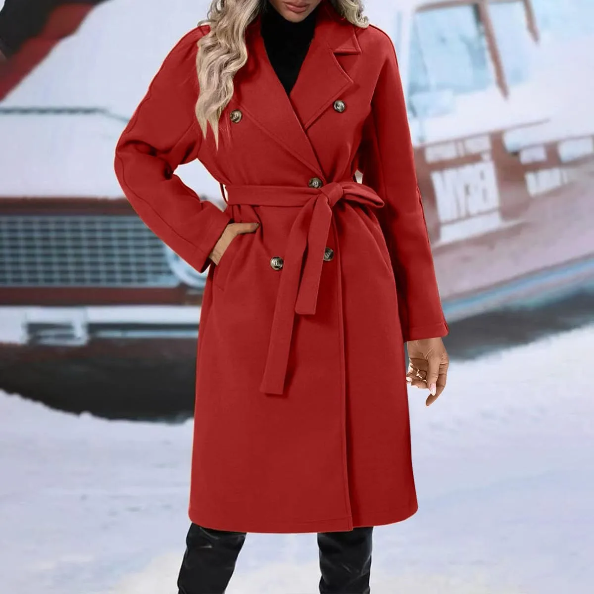 Pea Coats for Women Double Breasted Winter Long Trench Coat Classic Notch Lapel Collared Wotk Office Overcoats