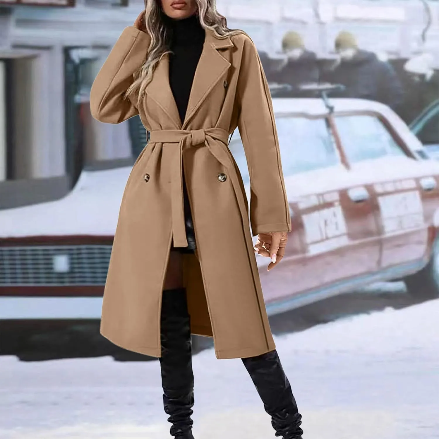 Pea Coats for Women Double Breasted Winter Long Trench Coat Classic Notch Lapel Collared Wotk Office Overcoats
