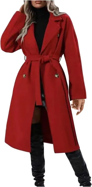 Pea Coats for Women Double Breasted Winter Long Trench Coat Classic Notch Lapel Collared Wotk Office Overcoats