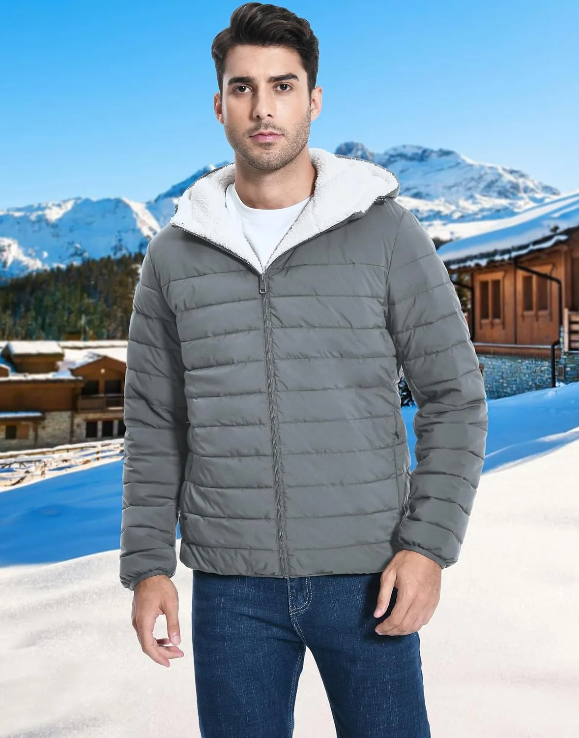 Pioneer Camp Men's Winter Puffer Jacket Sherpa Lined Hooded Water Resistant Midweight Warm Insulated Quilted Down Coat Parka