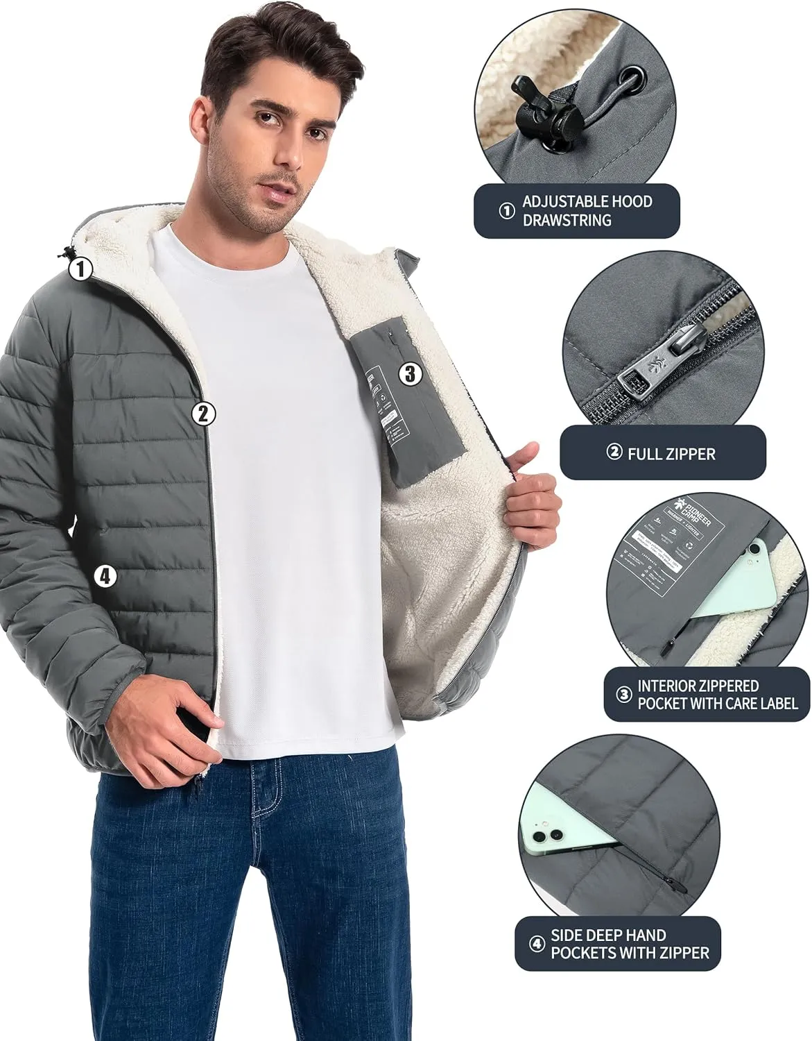Pioneer Camp Men's Winter Puffer Jacket Sherpa Lined Hooded Water Resistant Midweight Warm Insulated Quilted Down Coat Parka
