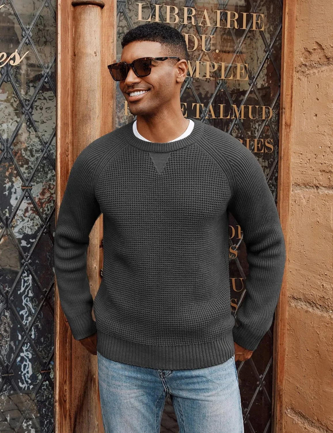 PJ PAUL JONES Mens Crewneck Sweater Waffle Knitted Pullover Sweaters Raglan Sleeve Knitwear Sweaters