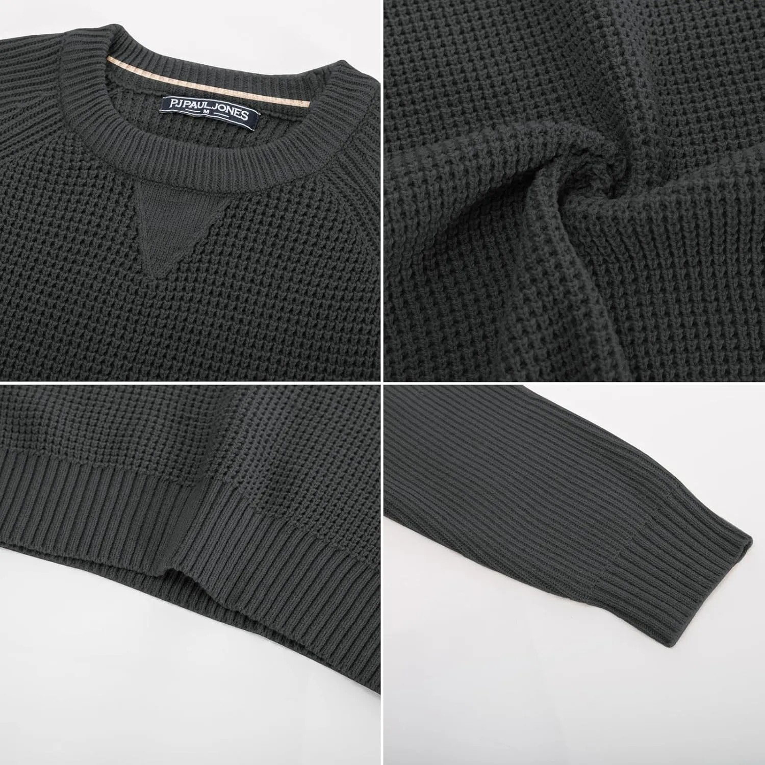 PJ PAUL JONES Mens Crewneck Sweater Waffle Knitted Pullover Sweaters Raglan Sleeve Knitwear Sweaters