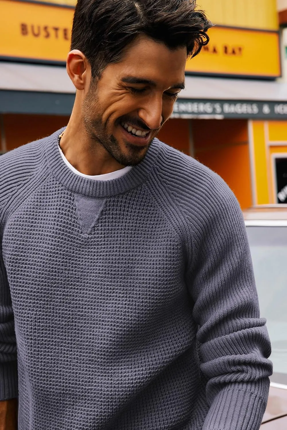 PJ PAUL JONES Mens Crewneck Sweater Waffle Knitted Pullover Sweaters Raglan Sleeve Knitwear Sweaters