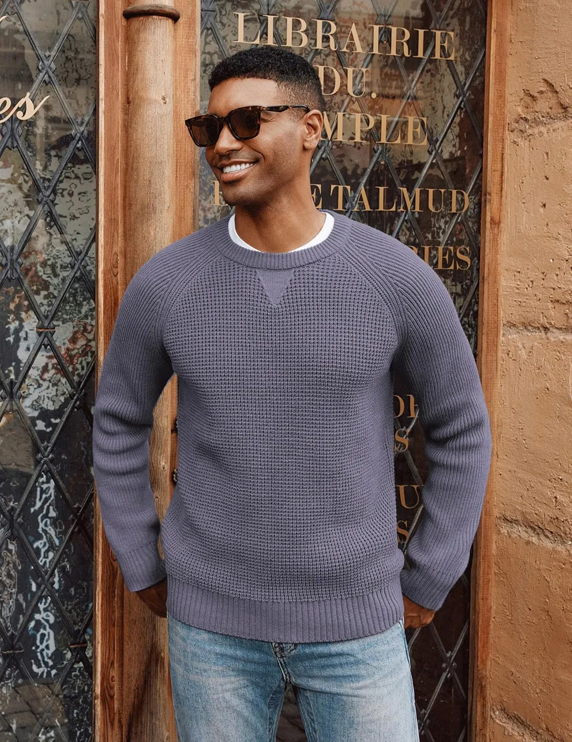 PJ PAUL JONES Mens Crewneck Sweater Waffle Knitted Pullover Sweaters Raglan Sleeve Knitwear Sweaters