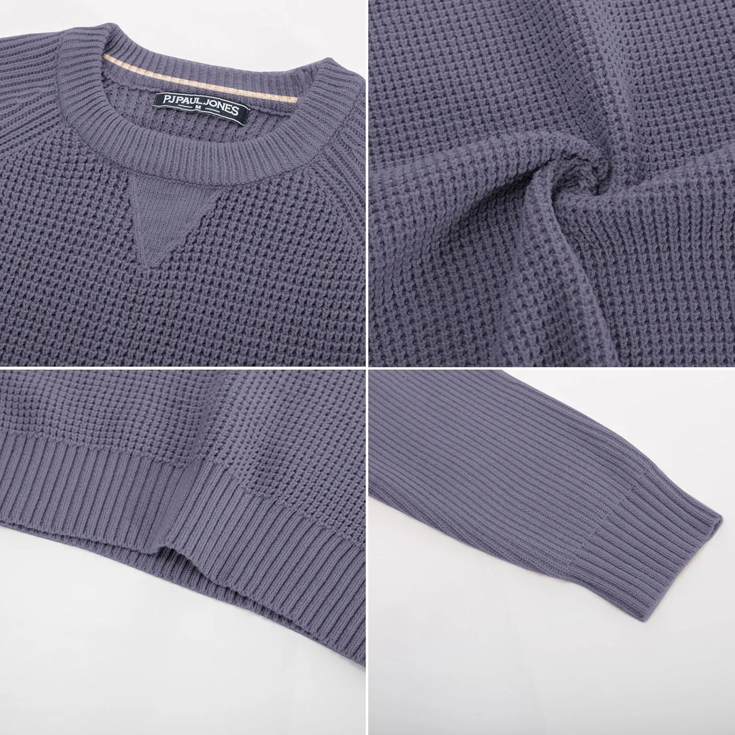 PJ PAUL JONES Mens Crewneck Sweater Waffle Knitted Pullover Sweaters Raglan Sleeve Knitwear Sweaters