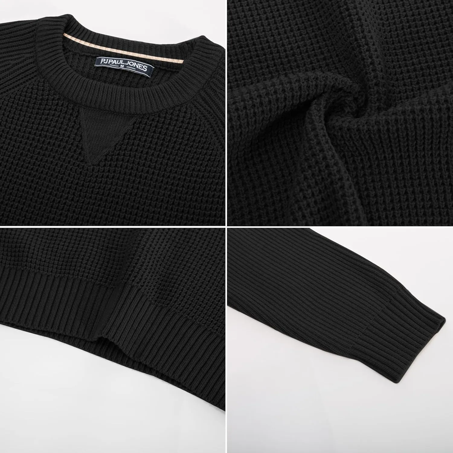 PJ PAUL JONES Mens Crewneck Sweater Waffle Knitted Pullover Sweaters Raglan Sleeve Knitwear Sweaters
