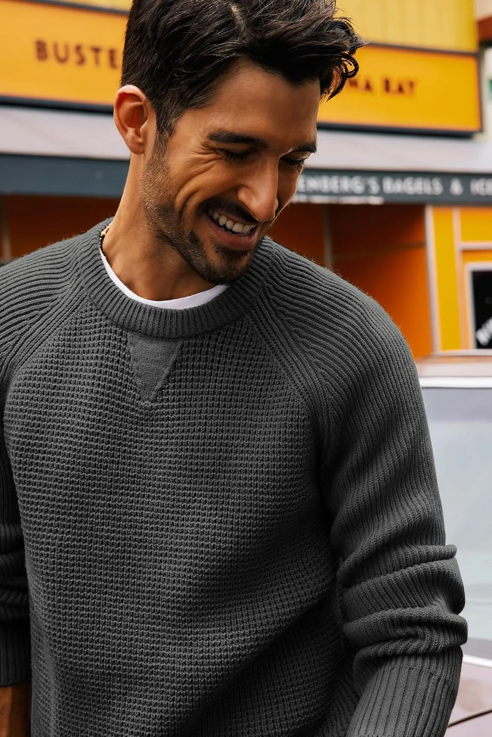 PJ PAUL JONES Mens Crewneck Sweater Waffle Knitted Pullover Sweaters Raglan Sleeve Knitwear Sweaters