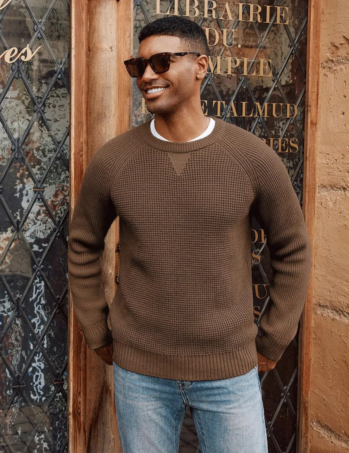PJ PAUL JONES Mens Crewneck Sweater Waffle Knitted Pullover Sweaters Raglan Sleeve Knitwear Sweaters