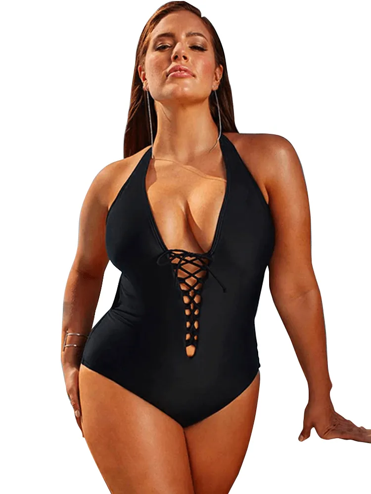 Plus Size Halter Monokini  Crisscross Push Up Swimsuit
