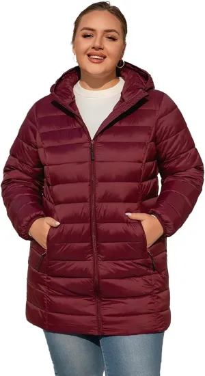 Plus Size Puffer Jacket for Women 1X-7X Water-Resistant Packable Winter Coat Mid-length Lightweight Puffer Coat