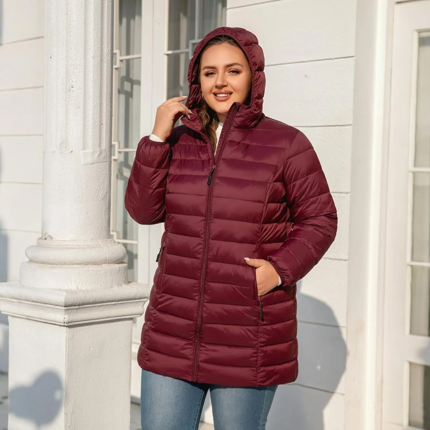 Plus Size Puffer Jacket for Women 1X-7X Water-Resistant Packable Winter Coat Mid-length Lightweight Puffer Coat